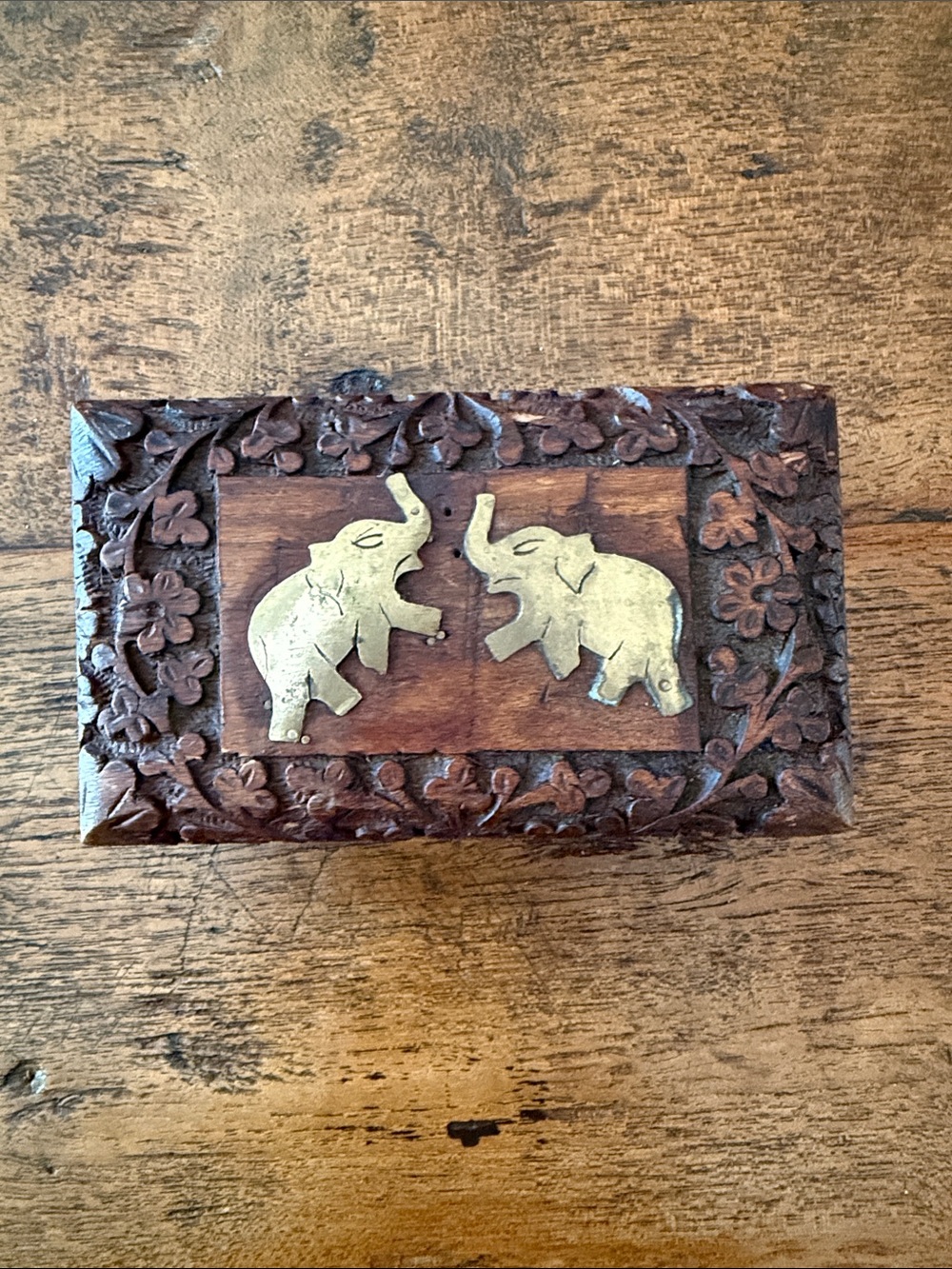 Heavily Carved Wood Box with 2 Inlaid Brass Elephants